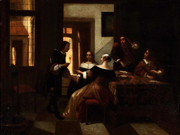 Dimly lit room with five figures gathered around a carpeted table; a brightly lit doorway frames a seated young woman while a gentleman addresses her, two men lounge to the right, and a window and checkered floor structure the scene.