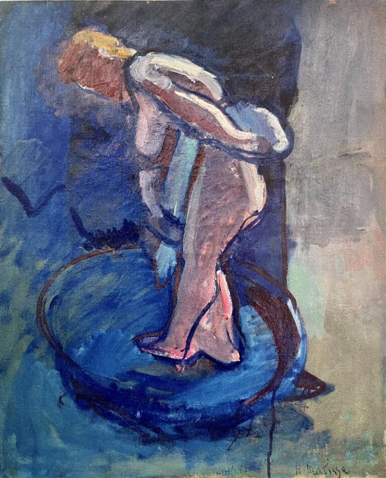Fauvist painting of a nude woman bending over a blue oval basin, her warm pink flesh outlined by dark blue contours within a predominantly blue interior, with highlights on shoulder and calf suggesting wet skin.