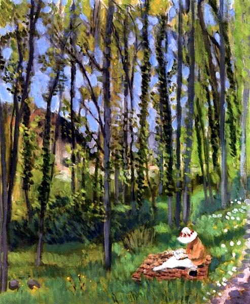 A springlike woodland with tall thin trees rising against blue sky; a figure in a pale dress and red-trimmed hat sits on a woven mat near a grassy path lined with white flowers; fresh greens, cool blues, and lively brushwork create a calm, patterned rhythm.