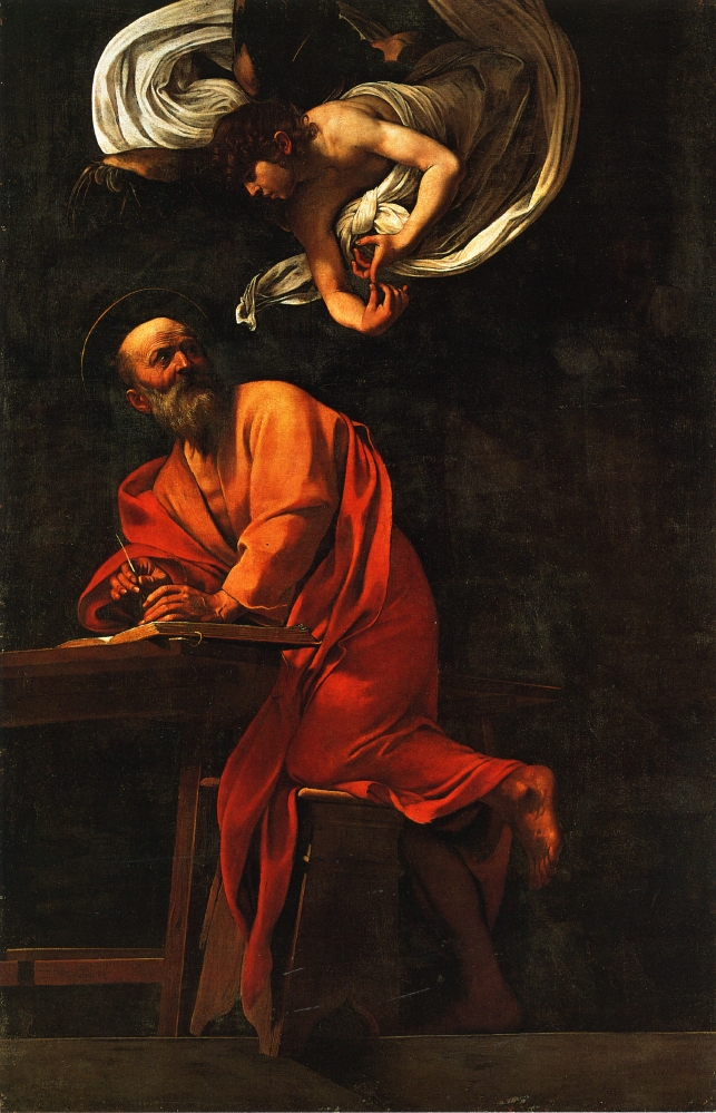 In a dark room, Saint Matthew sits at a desk in a red robe, quill poised above a book, while an angel swirls down from above with white drapery and counts on his fingers; a focused beam of light models both figures against deep shadow.