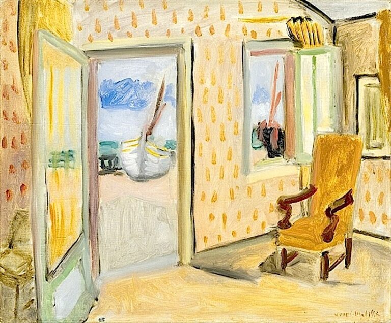 Sunlit interior with peach patterned walls, a yellow armchair at right, and an open door and window revealing a coastal scene: white boat, green sea bands, blue mountains, mint-green frames, and pale floor.