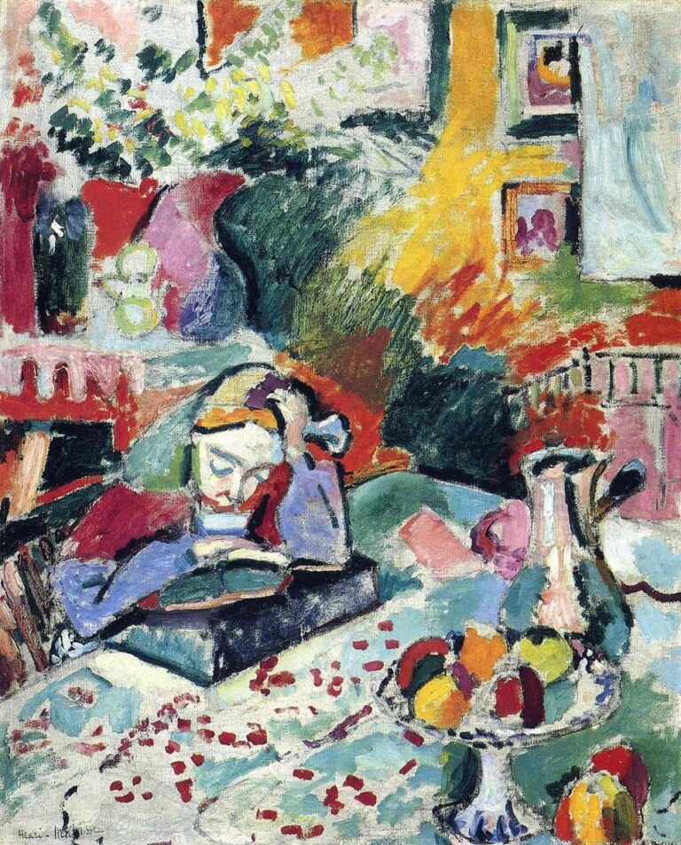 A Fauvist interior by Henri Matisse showing a girl reading at a turquoise table with a fruit dish and pitcher, surrounded by hot yellow and red walls, green textiles, flowers, and small framed windows, all constructed from bold color blocks with visible black accents and lively brushwork.