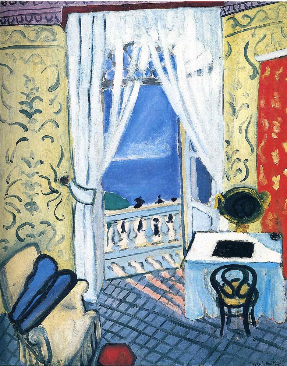 Sunlit room with yellow patterned walls and blue-gray tiled floor; open French doors with white curtains reveal sea and sky beyond a balustrade; a cream armchair holds a dark violin case; at right, a white-clothed table, bentwood chair, red patterned panel, and gilt oval mirror complete the scene.