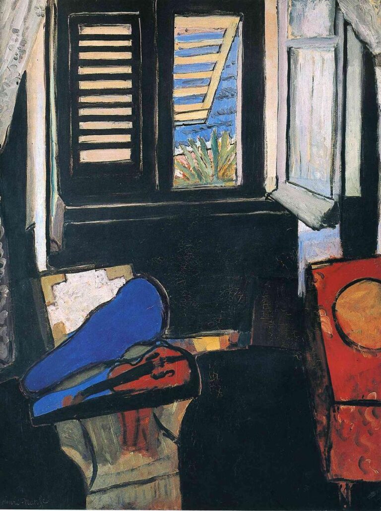 Dark interior with black shuttered window and one open casement revealing blue sea; red violin resting on a bright blue case atop a small stand; red table with ochre circle at right; white curtain at left; bold contours and saturated colors characteristic of Matisse, 1918.