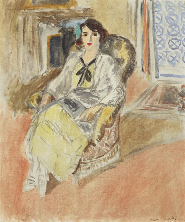 A young woman with red lips sits in a patterned armchair wearing a yellow dress and light jacket with a black bow; a warm terracotta floor, pale mantel, and a blue-grille window frame the calm interior, painted by Henri Matisse.