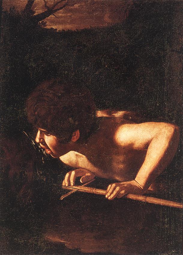 A half-nude youth identified as John the Baptist crouches over a dark pool at night, gripping a slender reed as raking light strikes his shoulder and hands while the surrounding wilderness falls into deep shadow.