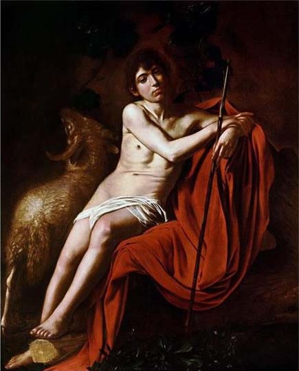 A half-nude youth identified as John the Baptist sits against a dark background, draped in a red mantle and holding a slender reed staff while a ram emerges from the shadows; his head tilts thoughtfully as warm light models his skin against deep shadow.