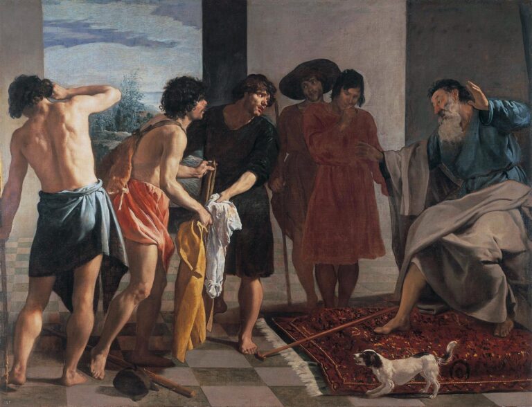 Jacob recoils on a red carpeted dais as his sons present Joseph’s blood-stained coat in a tiled portico; figures group to the left, a small dog crosses the carpet, and cool daylight models bodies and cloth in Velazquez’s “Joseph’s Bloody Coat Brought to Jacob.”