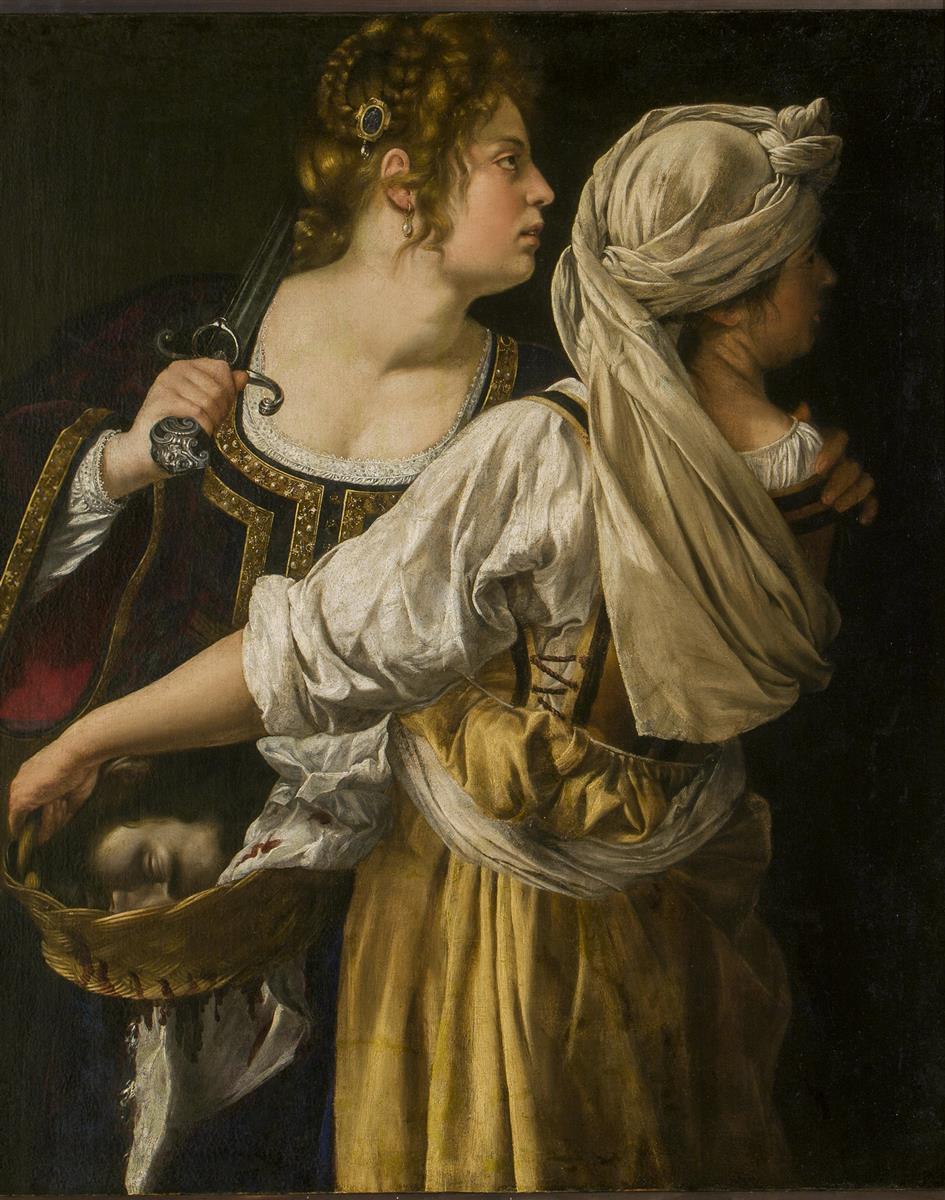 Two women stride through darkness; Judith in jeweled dress grips a sword while her maid, sleeves rolled, shields a basket holding Holofernes’s head. Hard light illuminates faces, linen, and wicker as they move together in tense, purposeful escape.