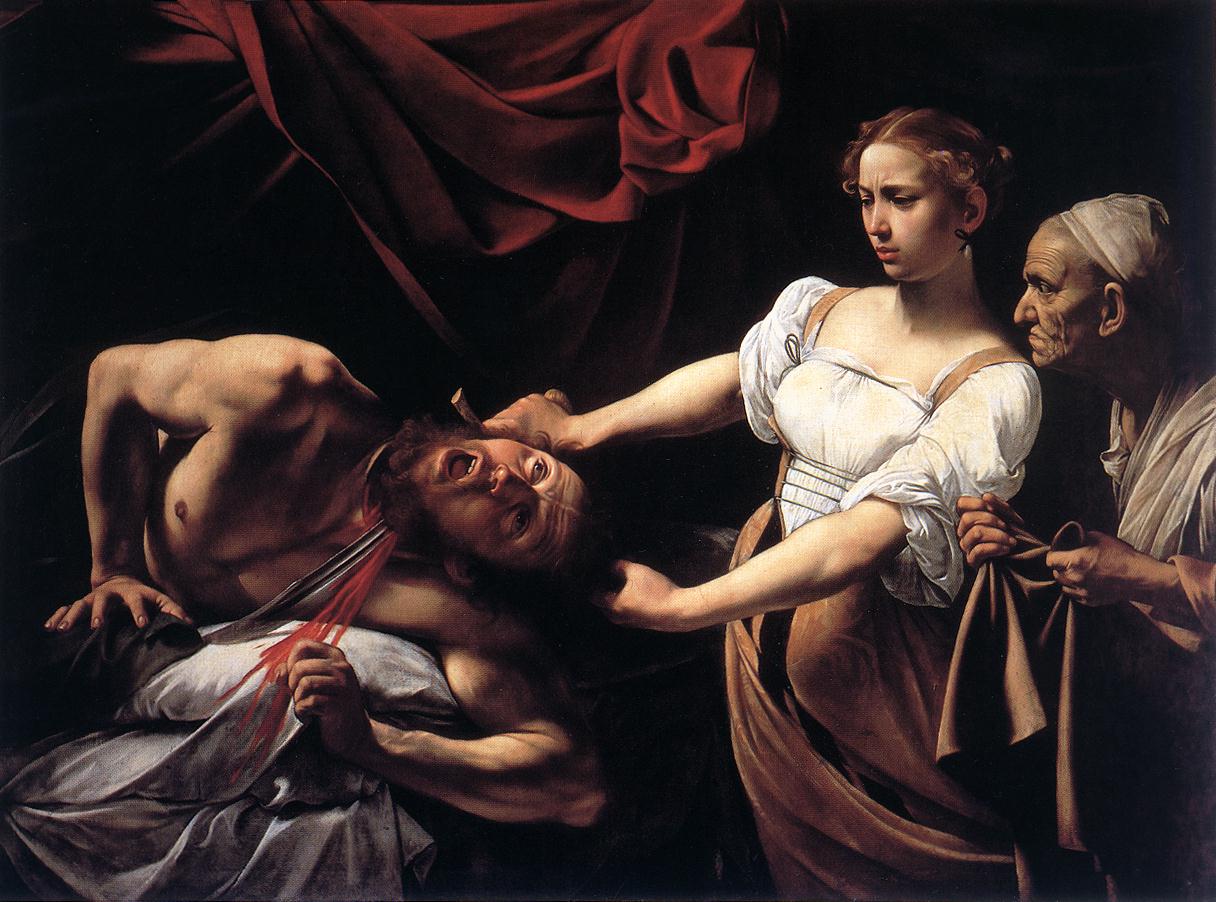 In a dark tent, Judith grips Holofernes’s hair and slices his neck with a sword as blood jets across white sheets; her elderly maid leans in with a sack while a red canopy billows above, stark light carving the three figures against shadow.