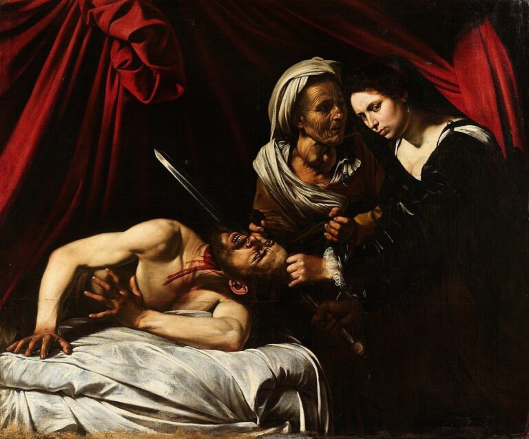 In a dark tent framed by heavy red curtains, Judith leans forward with a sword to sever Holofernes’s neck while the elderly servant Abra holds the general’s head; the white bed sheet glows under a sharp light as blood spurts and the figures concentrate with grim resolve.