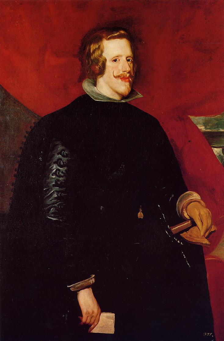 Half-length portrait of King Philip IV in austere black dress before a deep red curtain, his head turned with a composed gaze, one hand holding a glove and the other a folded paper, with crisp lace collar and subtle highlights animating the dark attire.