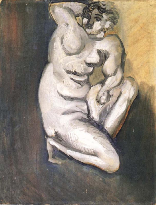 A twisting nude kneels within a narrow frame, modeled in chalky whites and gray shadows under light from the right, with dark contours and a warm-to-cool background that emphasizes the figure’s sculptural volume.