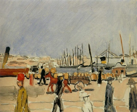 Harbor scene by Henri Matisse (1918) showing pedestrians on a quay, carts and low buildings, ships with tall masts, and a dark smokestack at left under a pale blue-gray sky; simplified figures and muted tones with bold black accents.