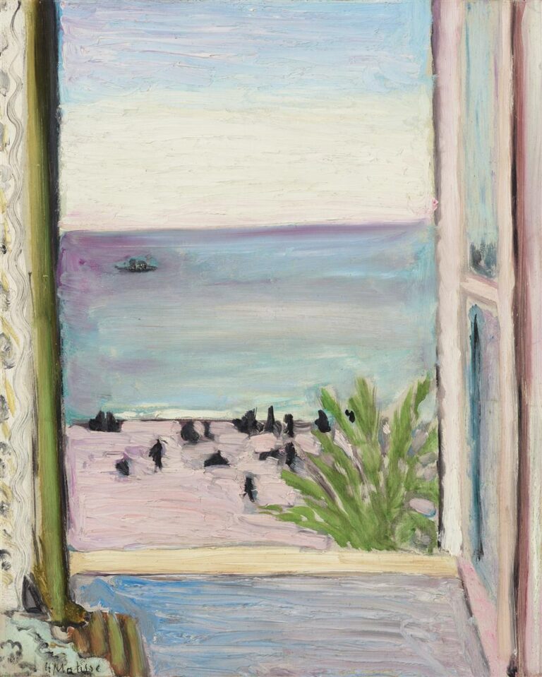 A vertical view through an open window toward a pale Mediterranean seascape: pastel sky, calm blue water, a mauve beach dotted with small dark figures, and a green plant near the sill, all framed by pink and green window edges with visible brushstrokes characteristic of Matisse in 1918.