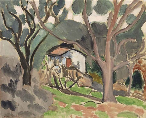 A small white house with a reddish roof and shutter sits in the middle distance, framed by curving gray-brown tree trunks and rounded green foliage, with sloped patches of grass and earth in the foreground under a pale, lightly clouded sky.