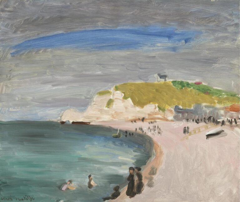 Curving Normandy shoreline with bathers and promenaders beside green Channel waters; chalk cliffs and grassy hill at right; wide gray sky sliced by a blue band; simplified figures and decisive, sweeping brushstrokes, 1920.