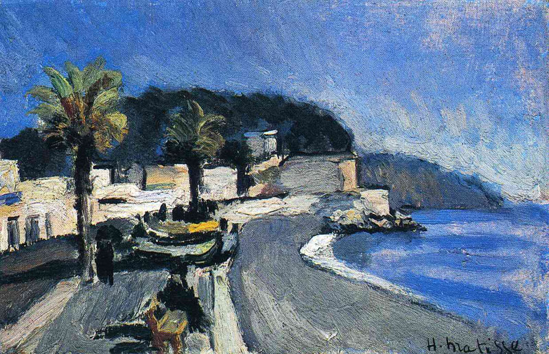 A small coastal landscape by Henri Matisse showing Nice’s palm-lined Promenade des Anglais curving beside the bright blue Mediterranean under a clear sky, with simplified buildings, boats, and figures rendered in dark accents against luminous sea and road.