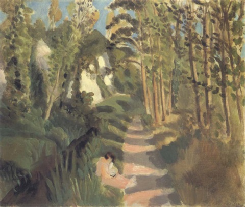 Sunlit forest path running diagonally through trees with pale rock on the left; a woman in a white dress sits near the foreground as light and shade alternate across the sandy track, in a painting by Henri Matisse.