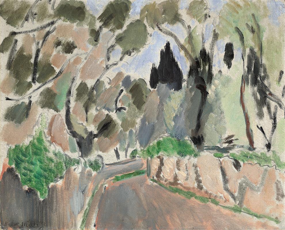 Curving pink road bordered by stone walls and olive trees under a pale blue sky; black, calligraphic trunks and silvery-green foliage rendered with lively, visible brushstrokes in Matisse’s 1918 landscape “The Road.”