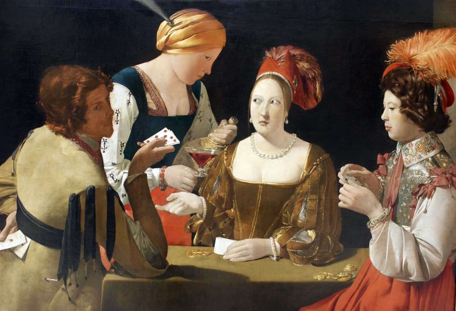 Four fashionably dressed figures sit at a card table; a young man at right studies his hand while a central woman signals a cheat, a maid serves wine, and the player at left surreptitiously draws an ace of diamonds from behind his back; coins and cards gleam on the cloth against a dark background.