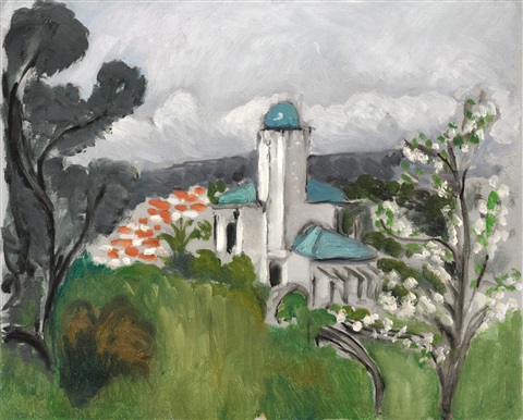 A Mediterranean hillside by Henri Matisse (1918) showing a white villa with turquoise roofs framed by dark trees and a blossoming branch; orange-tiled houses and gray hills behind under a soft, clouded sky, painted with visible brushstrokes and a restrained, luminous palette.