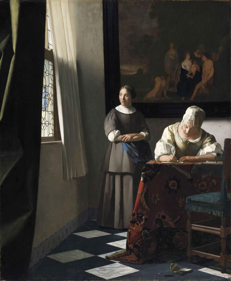 Sunlit interior with a seated woman writing at a carpeted table while a maid stands by a leaded-glass window; a green curtain frames the scene, a large dark painting hangs on the back wall, and a scrap of paper lies on a checkered tile floor.