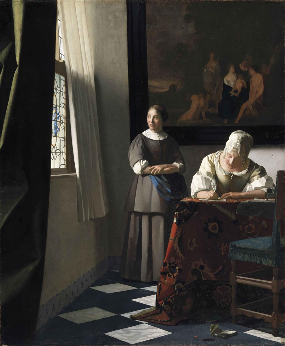 Sunlit interior with a seated woman writing at a carpeted table while a maid stands by a leaded-glass window; a green curtain frames the scene, a large dark painting hangs on the back wall, and a scrap of paper lies on a checkered tile floor.