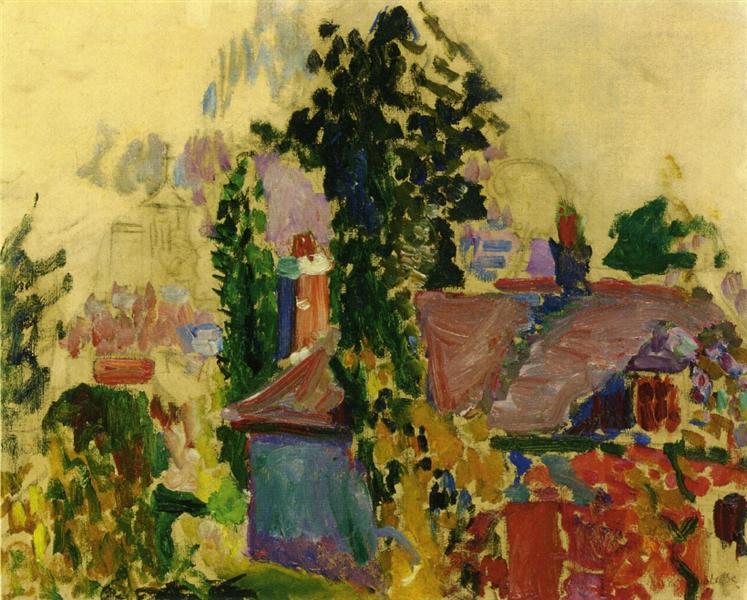 1904 Henri Matisse landscape with unfinished pale ground, central dark green tree, mauve and violet rooftops, red chimneys, and patches of yellow-green foliage; color blocks and visible brushstrokes create a luminous, partially open composition.
