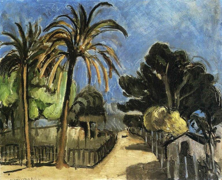 A sunlit scene by Matisse with a pale sandy road receding diagonally past a fence, two tall palms with arcing fronds at left, dense dark-green trees at right, and a windy, chalky blue sky defined by strong black contours and lively brushstrokes.