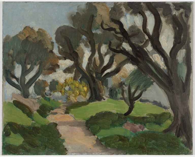Mediterranean landscape with a winding path through green lawns and rounded hedges, dark curving tree trunks and scalloped canopies under a pale blue sky; simplified forms, visible brushwork, and tuned color typical of Matisse’s 1918 Nice period.