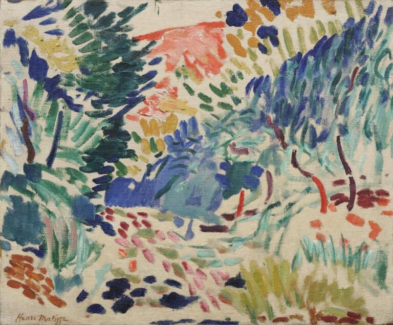 A Fauvist landscape by Henri Matisse showing a path of pink strokes leading into a cool blue hollow, surrounded by dabs of teal, ultramarine, yellow-green, and a coral flare at the canopy, with much white ground left exposed to evoke Mediterranean light.