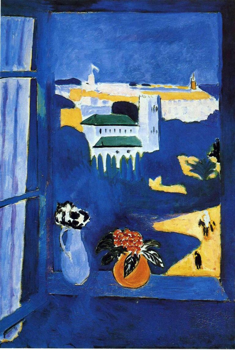 Deep blue window frame and sill with a pale blue pitcher and an orange pot of red flowers in the foreground, opening onto a sunlit Mediterranean city of white buildings, green roofs, and bright yellow paths with small figures, rendered in flat, vivid color by Henri Matisse.