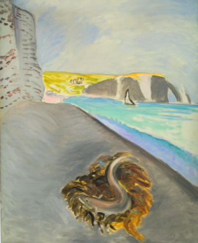 A coastal scene with pale chalk cliffs at left, a curving gray shingle beach, turquoise water, a small sailboat near a distant rock arch, and a coiled eel resting on seaweed in the foreground under a hazy sky.