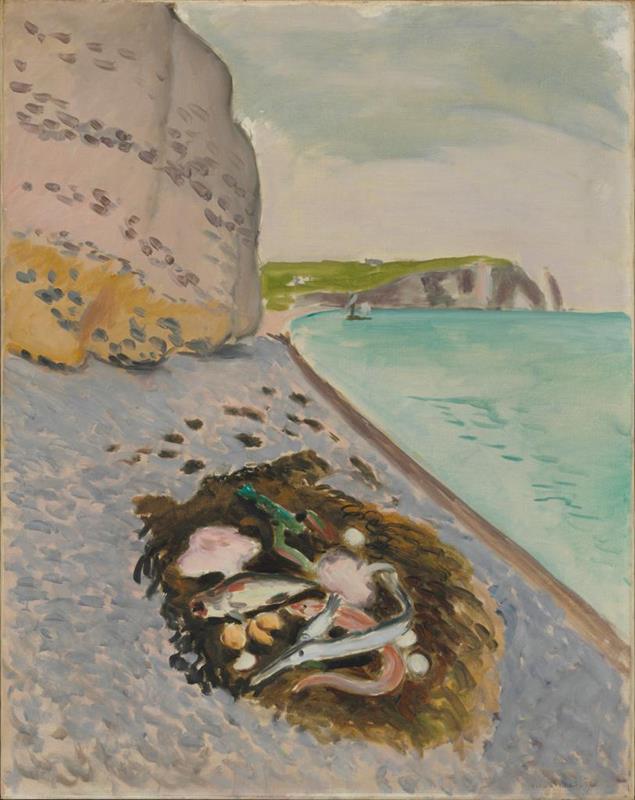 A coastal painting with a pale cliff at left, a pebbled beach curving toward turquoise water, and a small heap of seaweed and fish lying in the foreground under a hazy sky.