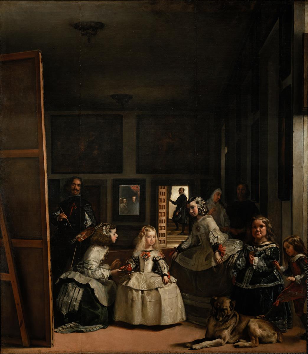 Interior of Velázquez’s studio with the Infanta Margarita centered among her attendants, the painter at a large easel to the left, a dog and dwarf at right, an open lit doorway at the back, and a mirror reflecting the king and queen.