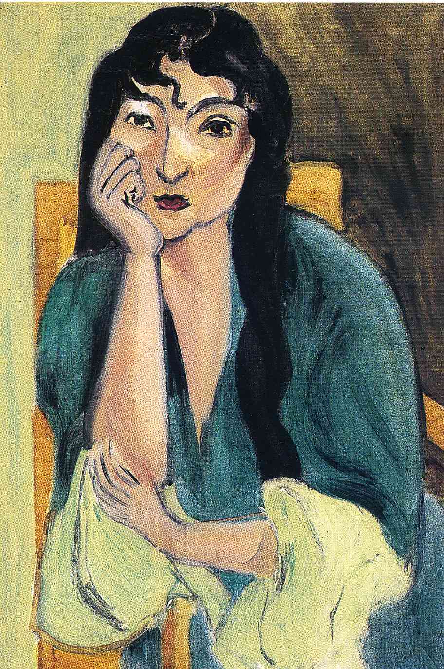 Frontal portrait by Henri Matisse of Laurette in a deep green robe, resting her cheek on her hand while seated before a softly divided background; black contour lines, warm ocher chair slats, a distinctive forehead curl, and restrained modeling create a serene, modern image from 1917.