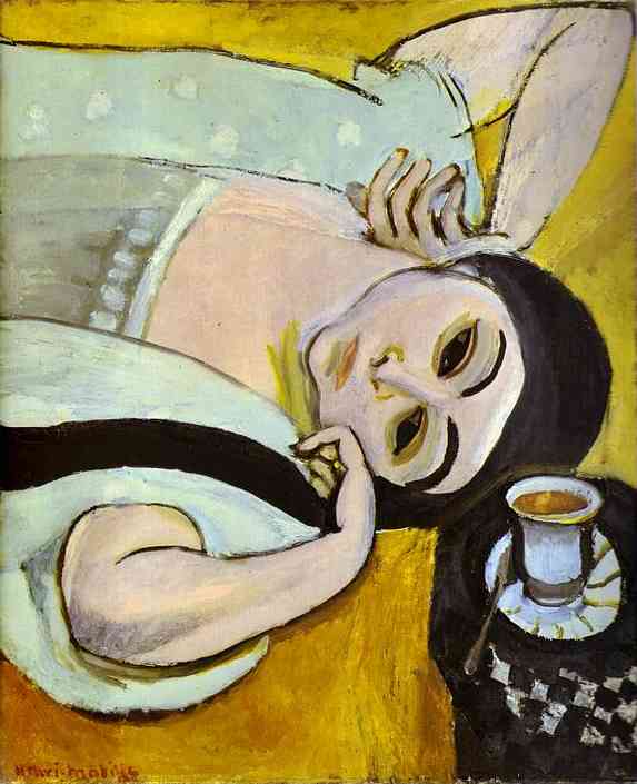 A diagonal, close-up view of Laurette reclining on a yellow table, her cheek resting on her forearm, with a small white coffee cup and saucer on a black patterned cloth; simplified features, confident black contours, and a warm palette characteristic of Matisse in 1917.