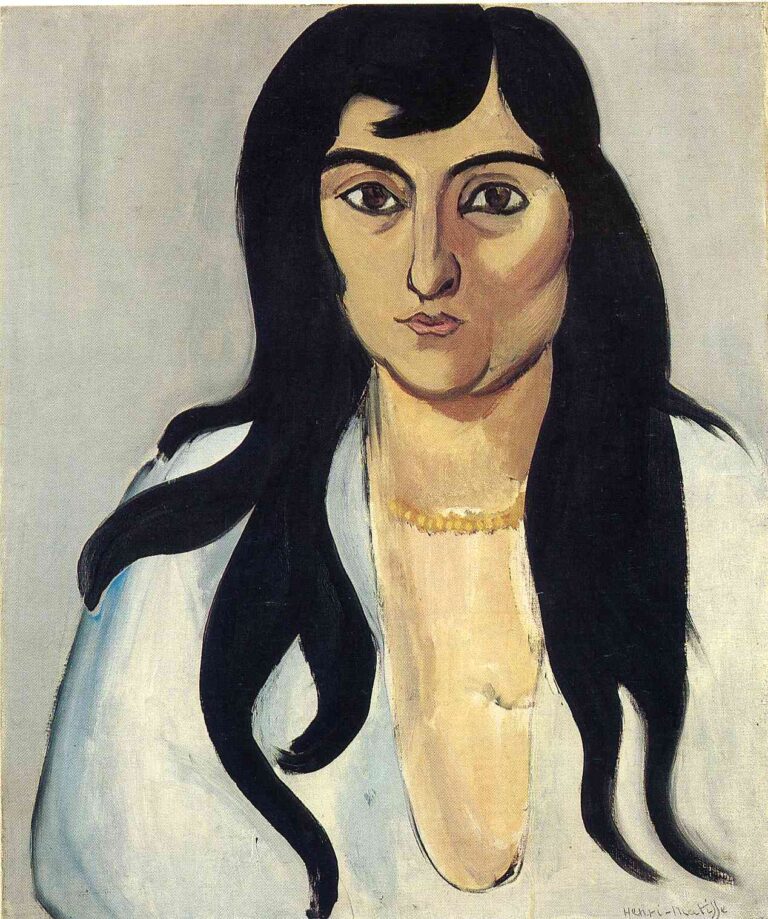 Frontal bust-length portrait of a young woman with very long black hair framing a pale face, wearing a white blouse with a deep V neckline against a cool gray background; simplified features with strong brows and almond eyes, characteristic of Matisse’s restrained 1916 style.