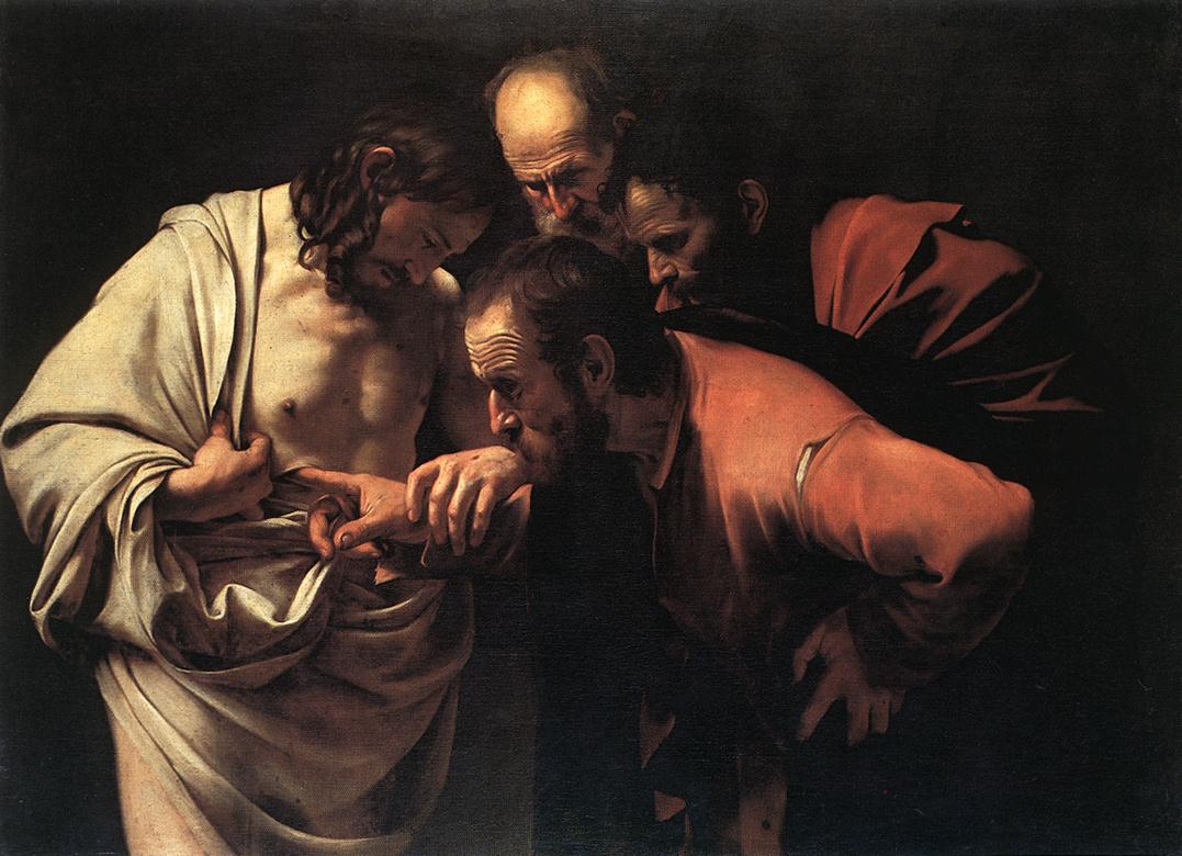 In a dark, shallow space, the risen Christ parts his garment and guides Thomas’s finger into the wound in his side while two disciples peer closely; raking light defines their faces, hands, and folds of cloth against deep shadow.