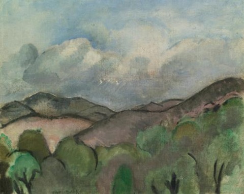 Landscape by Henri Matisse (1918) showing rounded green trees in the foreground, mauve-blue hills stepping toward the horizon, and a broad sky filled with soft gray clouds; simplified forms, dark calligraphic accents, and a restrained Mediterranean palette.