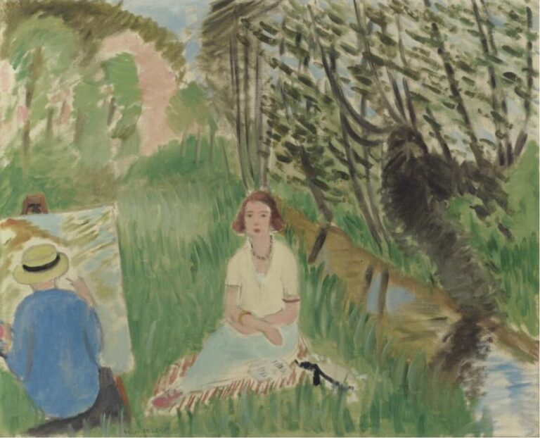 Outdoor scene with an artist in a blue smock and straw hat painting at an easel on the left, a seated woman in a pale dress on a blanket near center, and a narrow stream with dark trees and leafy branches on the right; soft, even light and simplified forms characteristic of Matisse’s 1923 Nice period.