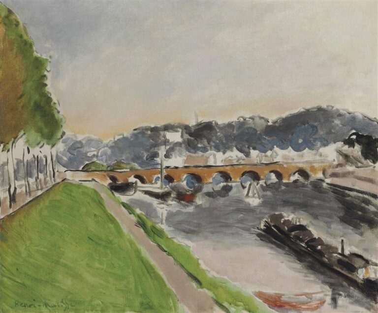 A river view by Henri Matisse showing a long ocher stone bridge with repeating arches, a bright green embankment lined with trees at left, a dark barge in the foreground, and a pale gray sky with hints of peach, all rendered with broad, simplified strokes and quiet tonal contrasts.