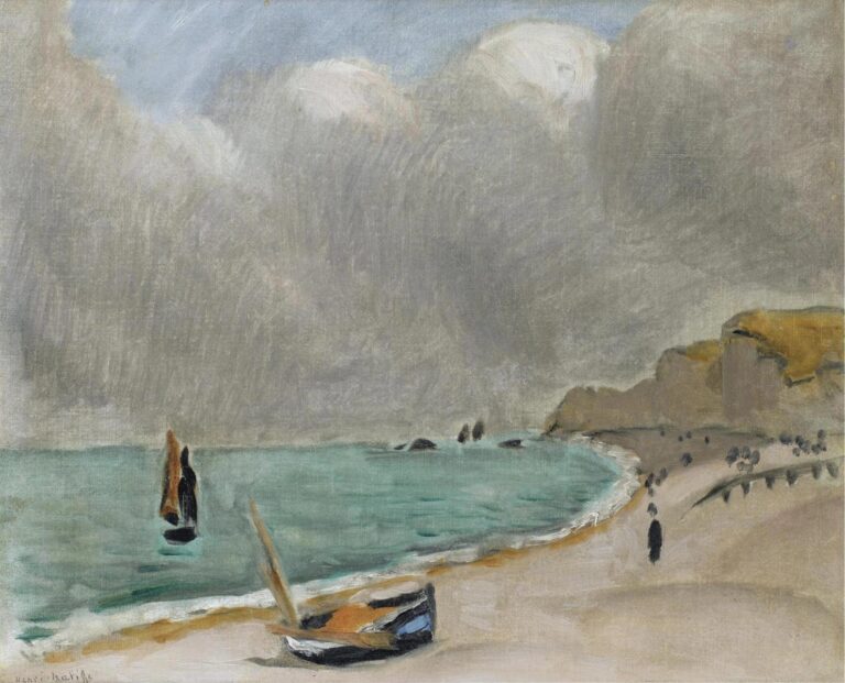 A Complete Analysis of “The Shore, Etretat” by Henri Matisse. Wide view of a curving Normandy beach under a vast gray sky, green Channel waters lapping the shore, a small beached boat in the foreground, distant figures and ochre cliffs at right, painted with soft, simplified brushstrokes, 1920.