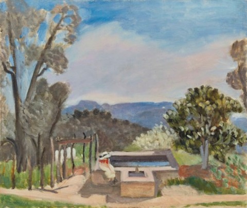 Sunlit Provençal terrace with a small square stone basin of blue water at center-right, slender arbor posts at left, trees and shrubs framing the scene, violet mountains in the distance, and a broad softly clouded blue sky; clear, even light and restrained color typical of Matisse’s 1923 Nice period.