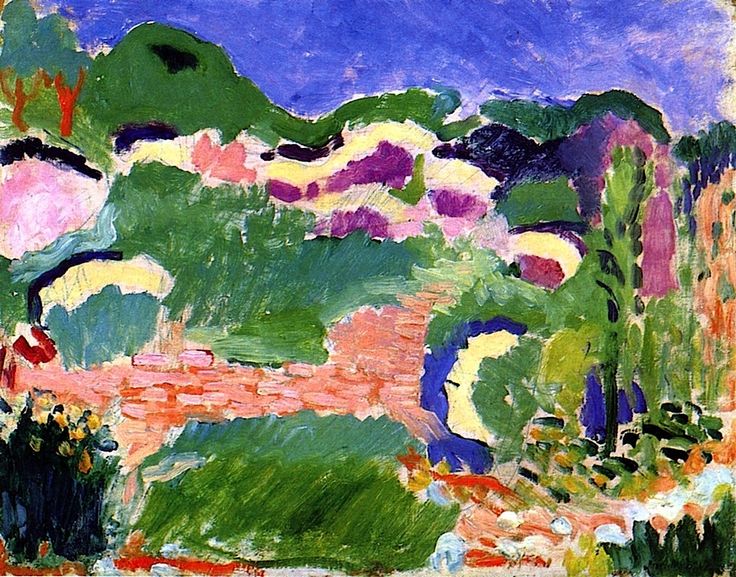 A Fauvist landscape by Henri Matisse showing a cobalt sky above bands of green hills and lavender slopes, with a pink-orange path across the foreground and bright yellow broom shrubs punctuating the fields, all painted in bold, blocky strokes of saturated color.