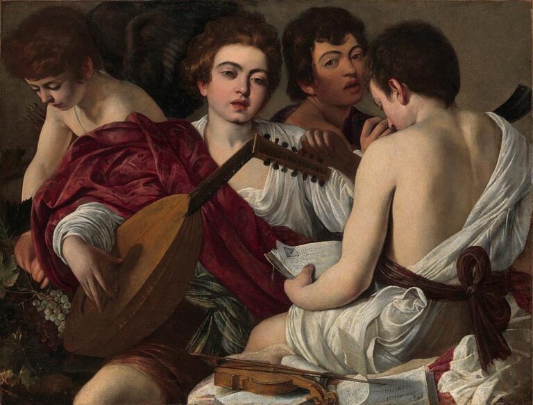 Four young male musicians tightly grouped in half-length: a lutenist facing the viewer, a cornett player behind him, a boy with his back turned reading sheet music, and a winged Cupid reaching toward grapes; warm light models skin, white linens, and instruments against a shallow dark background; oil on canvas by Caravaggio, 1595.