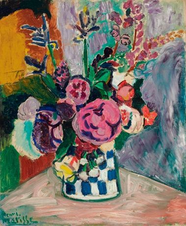 Vibrant still life of pink and purple peonies in a blue-and-white checkered vase on a pink table, framed by a multicolored background with expressive Fauvist brushstrokes.