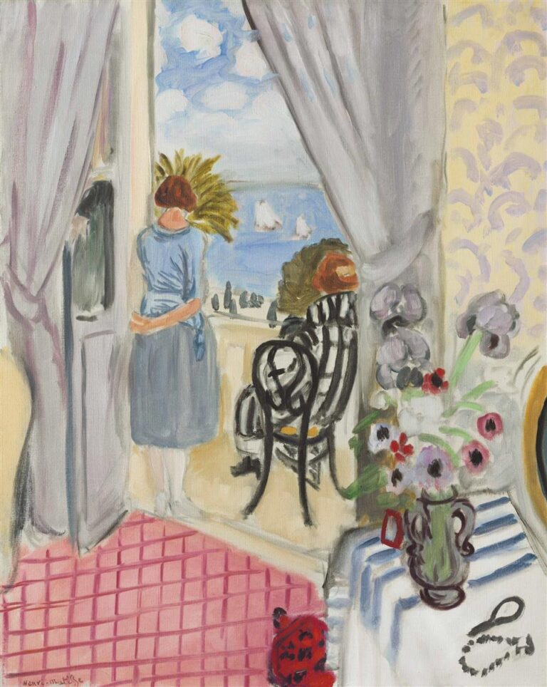 Interior with lavender curtains opening to a balcony and blue sea with white sailboats; a woman in a blue dress stands facing the view, a black bentwood chair nearby, and a striped table holds a green jug of anemones on a pink gridded carpet—painted by Henri Matisse.