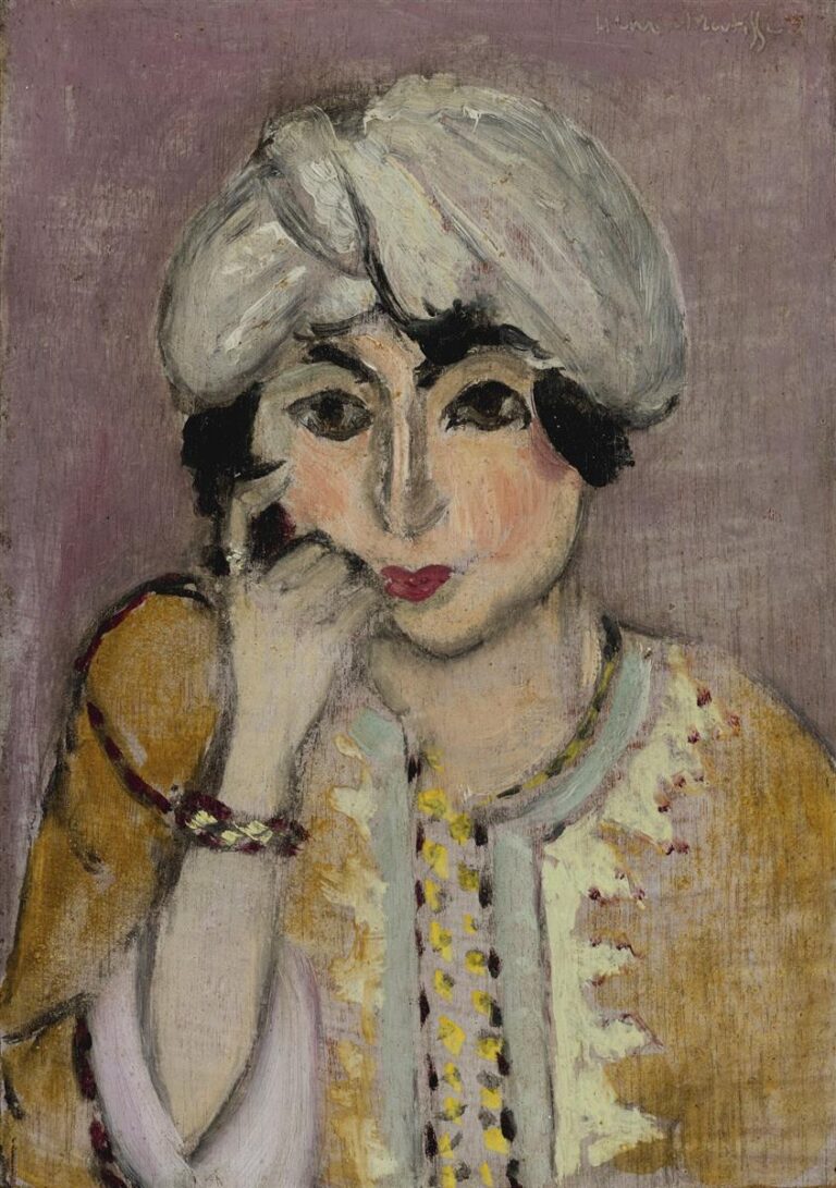 Intimate bust portrait of a woman in a white turban and mustard-gold jacket, resting her cheek on her hand against a mauve background; simplified eyes, soft red lips, and small embroidered accents rendered with textured brushwork in Matisse’s 1916 style.